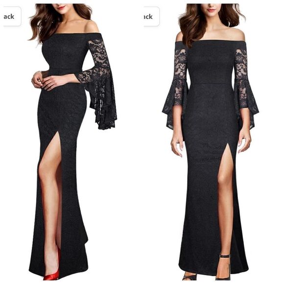 Womens Off Shoulder Bell Sleeve Formal Evening Wedding Party Maxi Dress NWT XS - Picture 1 of 16